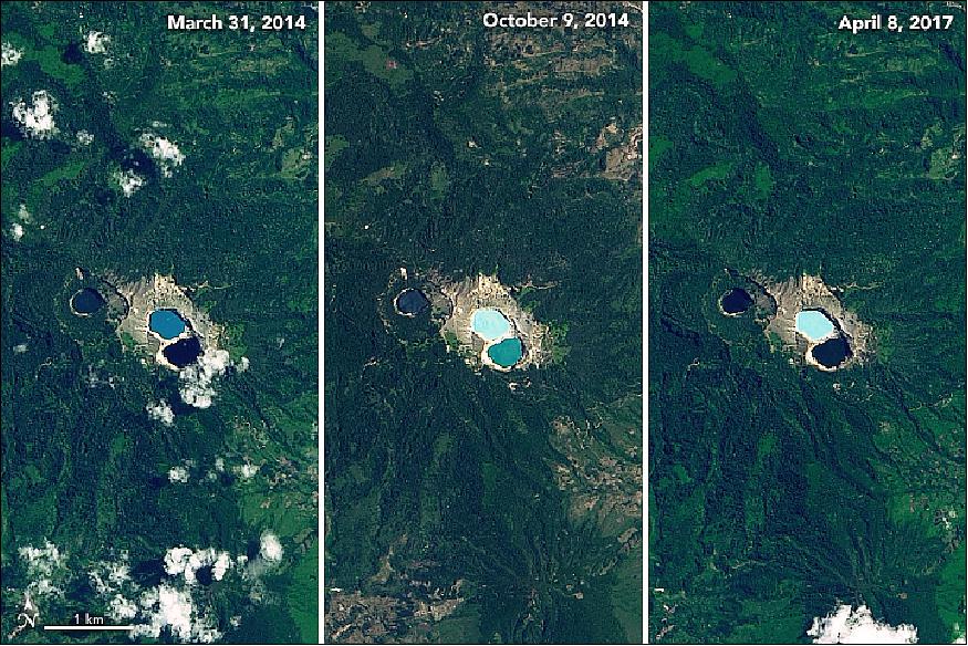 Figure 36: These images, acquired by OLI on Landsat-8, show the various colors of the crater lakes on three different days. All three crater lakes appear on the crest of the volcano with the eastern two lakes sharing a common crater wall (image credit: NASA Earth Observatory, image by Lauren Dauphin, using Landsat data from the U.S. Geological Survey, story by Kasha Patel)