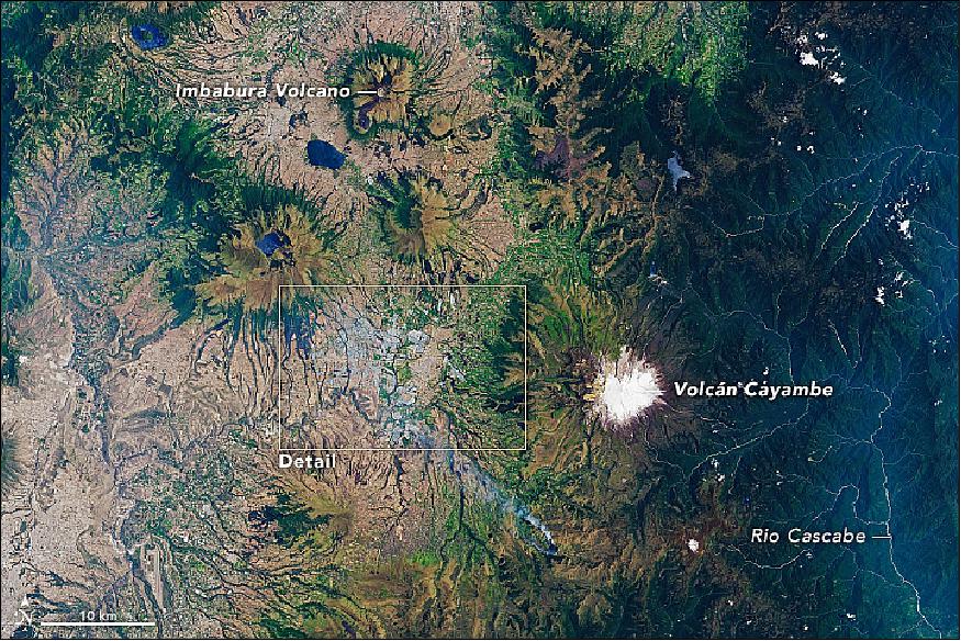 Figure 62: An overview of the Cayambe valley and its surroundings with the snow-capped Volcán Cayambe (5790 m) — an active stratovolcano east of the town— which towers over the valley (image credit: NASA Earth Observatory images by Joshua Stevens, using Landsat data from the USGS, story by Adam Voiland)
