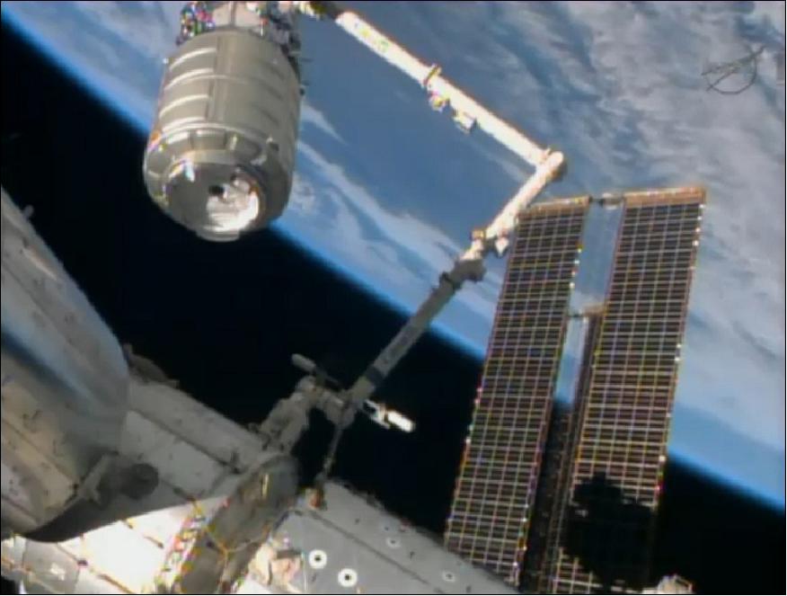Figure 71: ISS Astronauts grapple Orbital Sciences Cygnus spacecraft with the robotic arm and guide it to docking port on Jan. 12, 2014 (image credit: NASA TV)