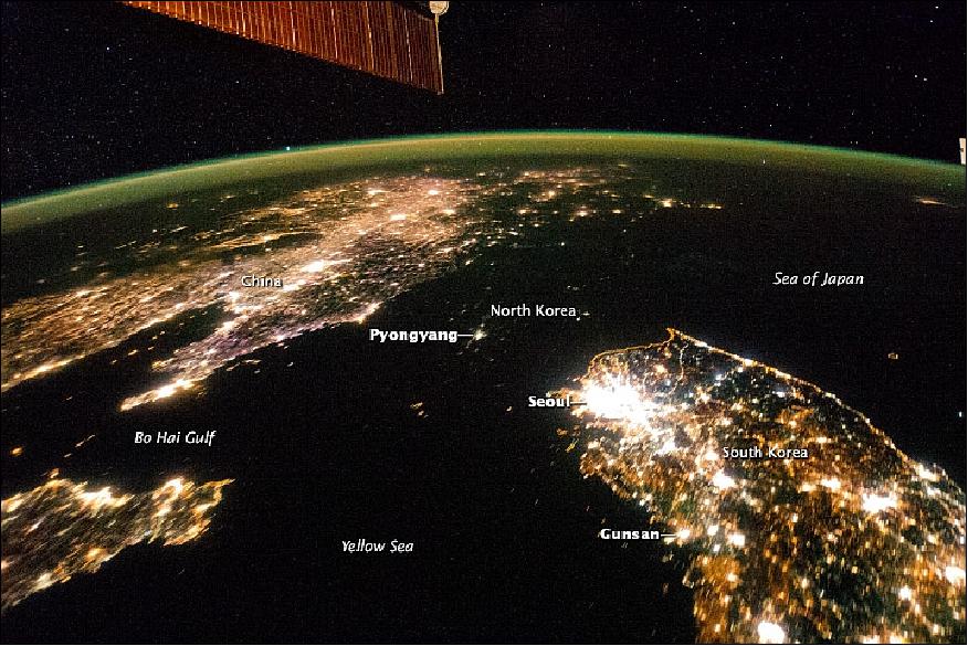 Figure 69: The Koreas at Night photographed from the ISS on Jan. 30, 2014 (image credit: NASA Earth Observatory, the image was released on Feb. 24, 2014)