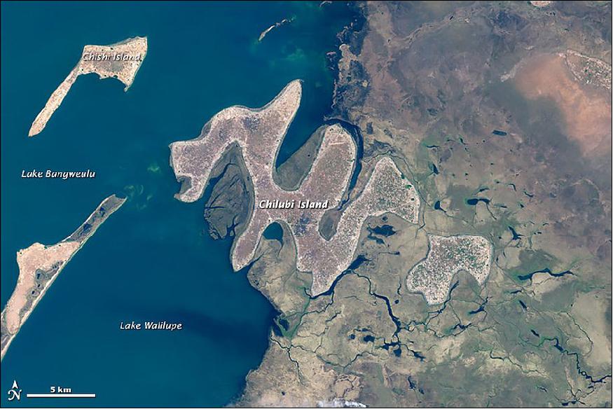 Figure 9: This is an image of the OLI camera on Landsat-8, acquired on August 22, 2015, providing a perspective view of Chilubi Island and Lake Bangweulu (image credit: NASA Earth Observatory, M. Justin Wilkinson)