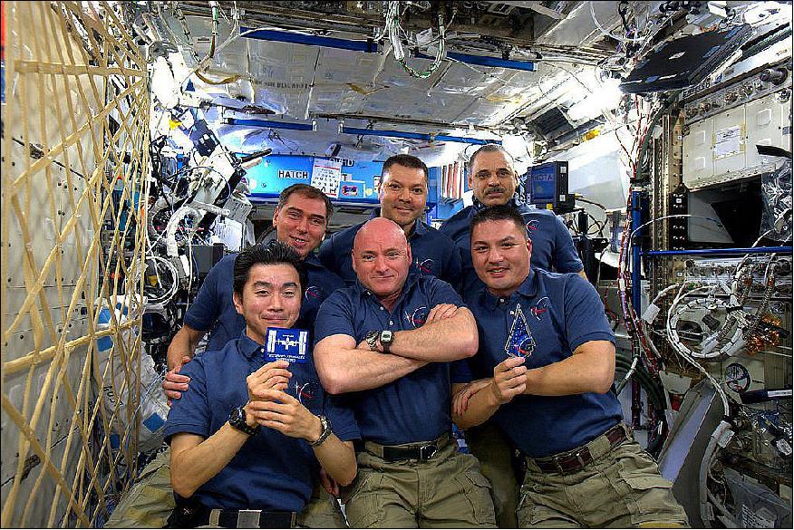 Figure 6: The 6 person ISS Expedition 45 Crew celebrates 15 Years of operation with humans on 2 Nov 2015. The complete Expedition 45 crew members include Station Commander Scott Kelly and Flight Engineer Kjell Lindgren of NASA, Flight Engineers Mikhail Kornienko, Oleg Kononenko and Sergey Volkov of the Russian Federal Space Agency (Roscosmos) and Flight Engineer Kimiya Yui of the Japan Aerospace Exploration Agency (image credit:: NASA)
