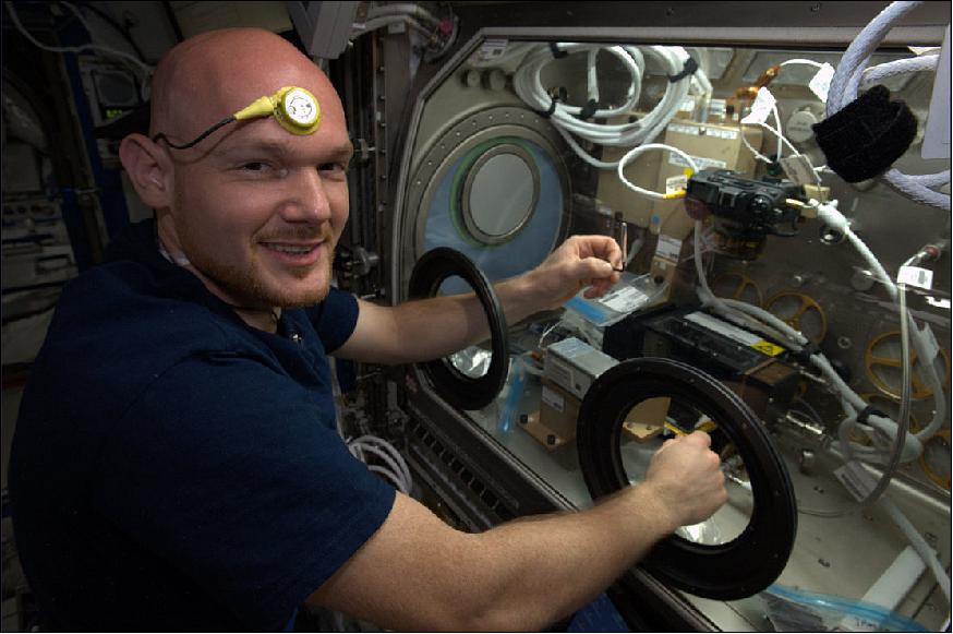 Figure 37: Alexander tweeted this image during his six-month Blue Dot mission with the text: "Dual Science – wearing a circadian rhythm sensor while working in the glovebox" (image credit: ESA/NASA)