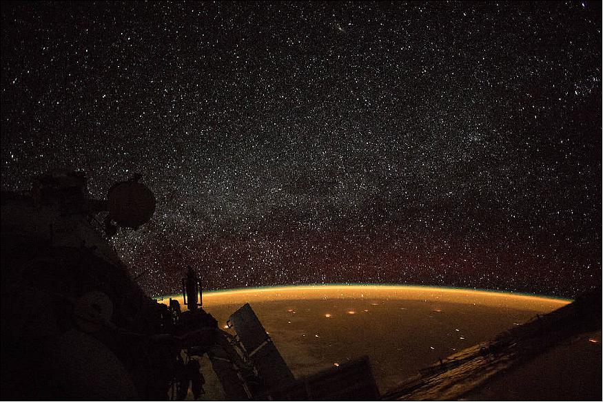 Figure 30: The ISS was orbiting about 400 km above South Australia when a camera on board the orbital complex captured this celestial view of Earth's atmospheric glow and the Milky Way (image credit: NASA)