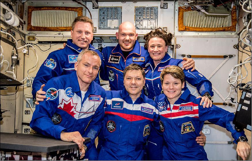 Figure 14: The six-member Expedition 57 crew. Back row (from left): Sergey Prokopyev, Alexander Gerst, Serena Auñón-Chancellor. New crew in front row: David Saint-Jacques, Oleg Kononenko and Anne McClain gather for a portrait (image credit: ESA, NASA)