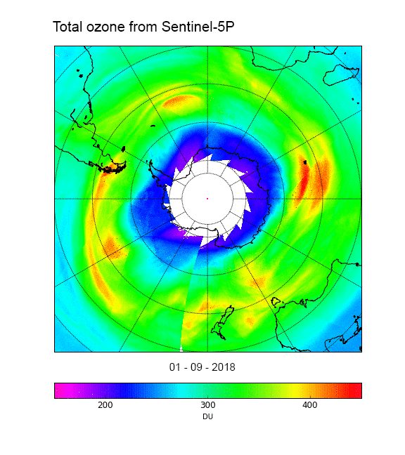 Figure 9: The animation shows measurements of ozone for 1–13 September 2018 over Antarctica from the Copernicus Sentinel-5P satellite, showing the ozone hole over the South Pole. Sentinel-5P measurements are now being included in ESA's Climate Change Initiative to extend existing ozone records. Prior to Sentinel-5P, ozone measurements came from instruments carried on satellites such as ERS-2 and Envisat. The record goes back more than 20 years (image credit: ESA, the image contains modified Copernicus Sentinel data (2018), processed by DLR/BIRA)