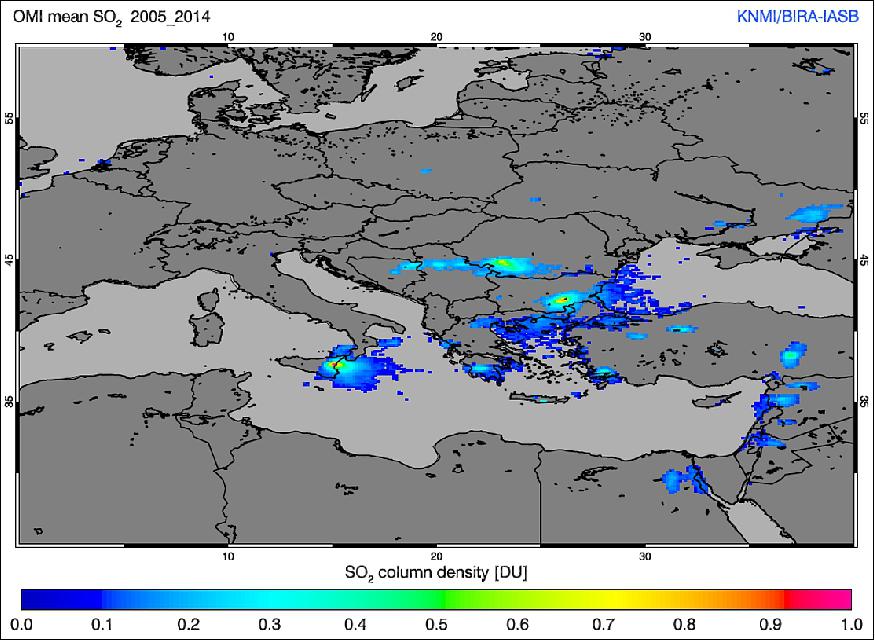 Figure 18: A 10-year average of sulphur dioxide concentrations over Europe based on data from the OMI (Ozone Monitoring Instrument) on NASA's Aura satellite. While Western Europe appears relatively free from this air pollutant, there are emissions clearly visible over Eastern Europe from power plants. The map also shows emissions of sulphur dioxide over Sicily, Italy, which was down to volcanic eruptions from Mount Etna. (Concentrations below 0.1 DU are not plotted), image credit: KNMI) 14)