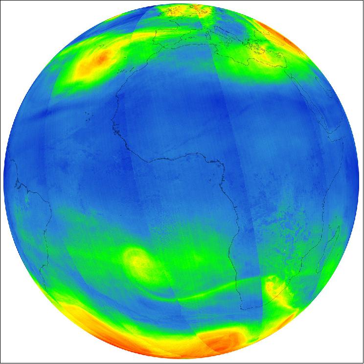 Figure 17: Ozone from Sentinel-5P: One of the first images from the Copernicus Sentinel-5P mission shows how ozone is distributed around the world. While ozone in the stratosphere is a good thing, protecting us from the Sun's ultraviolet radiation, lower down in the atmosphere it is a harmful pollutant. Ground level ozone is not emitted directly into the air, but is created by chemical reactions between oxides of nitrogen and volatile organic compounds in the presence of sunlight (image credit: ESA, the image contains modified Copernicus Sentinel data (2017), processed by DLR/ESA) 12)