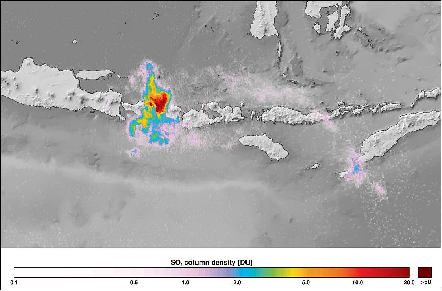 Figure 16: The Copernicus Sentinel-5P satellite imaged sulphur dioxide from the Mount Agung volcanic eruption on Bali, Indonesia, on 27 November 2017. As well as detecting different air pollutants, the mission also measures aerosols, as this image shows (image credit: ESA, the image contains modified Copernicus Sentinel data (2017), processed by ESA/DLR)