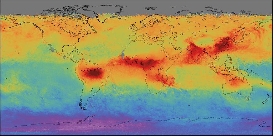 Figure 15: Launched on 13 October, the Copernicus Sentinel-5P satellite has been used to map atmospheric carbon monoxide around the globe. The image shows high levels of this air pollutant over parts of Asia, Africa and South America. The mission has a swath width of 2600 km, which allows the whole planet to be mapped every 24 hours (image credit: ESA, the image contains modified Copernicus Sentinel data (2017), processed by SRON/ESA) 11)