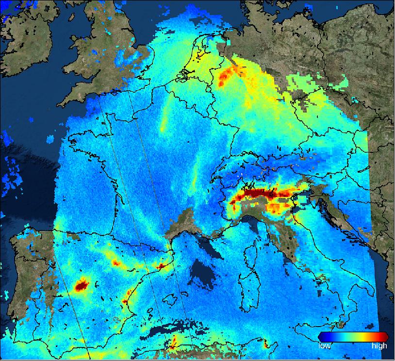 Figure 14: One of the first images from the Copernicus Sentinel-5P mission shows nitrogen dioxide over Europe on 22 November 2017. It shows high emissions over the Po Valley in northern Italy and over western Germany. Nitrogen dioxide pollutes the air mainly as a result of industrial fossil fuel combustion and road traffic. Capturing a large part of Europe, this image also demonstrates Tropomi's swath width of 2600 km (image credit: ESA, the image contains modified Copernicus Sentinel data (2017), processed by KNMI/ESA)