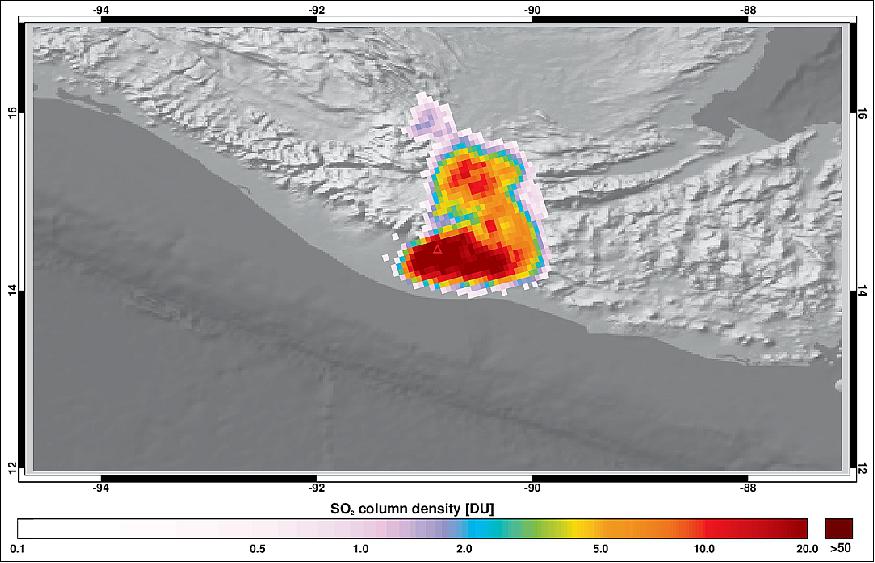Figure 12: The Copernicus Sentinel-5P satellite has measured sulphur dioxide in the plume spewing from the Fuego volcano in Guatemala (image credit: ESA, the image contains modified Copernicus Sentinel data (2018), processed by DLR/BIRA)