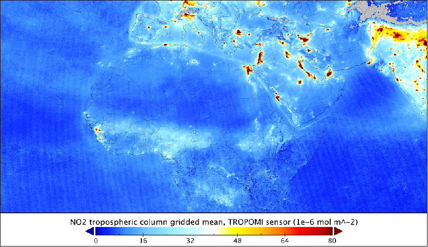 Figure 11: Sentinel-5P tropospheric nitrogen dioxide (NO2) measurements over Europe, Africa, Middle East, and India from April 2018 (averaged) are shown here. Air pollution emitted by big cities and shipping lanes is clearly visible. Launched in October 2017, Sentinel-5P is part of a fleet of satellites central to Copernicus, Europe's environmental monitoring program. With a resolution of up to 7 x 3.5 km, Sentinel-5P's Tropomi instrument can detect air pollution over individual cities. Tropomi also has the capacity to locate where pollutants are being emitted, effectively identifying pollution hotspots (image credit: ESA, the image contains modified Copernicus Sentinel data (2018), processed by KNMI)