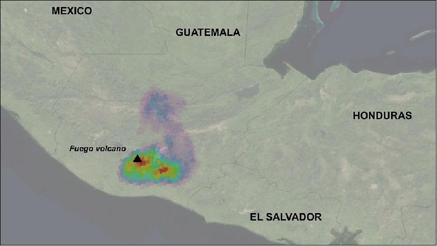 Figure 7: Copernicus Sentinel-5P satellite measured sulphur dioxide in the plume spewing from the Fuego volcano in Guatemala. The volcano suddenly erupted on 3 June 2018, its most powerful eruption since 1974. Launched in October 2017, the Copernicus Sentinel-5P satellite carries the state-of-the-art TROPOMI instrument to map a multitude of trace gases and aerosols. Volcanic plumes are of particular concern to the airline industry and the unprecedented level of detail offered by the mission allows Volcanic Ash Advisory Center users to better track and forecast the dispersion of volcanic plumes (image credit: ESA, the image contains modified Copernicus data (2018), processed by BIRA–IASB/DLR)