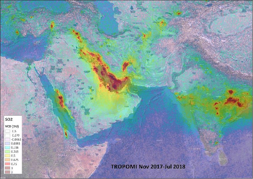 Figure 6: Based on measurements gathered by the Copernicus Sentinel-5P mission between November 2017 and July 2018, the map shows high concentrations of sulphur dioxide over the Persian Gulf and India. Sulphur dioxide, which mainly comes from industrial processes and motor vehicle emissions, can result in breathing problems and is a precursor to acid rain (image credit: ESA, the image contains modified Copernicus data (2018), processed by BIRA–IASB/DLR)