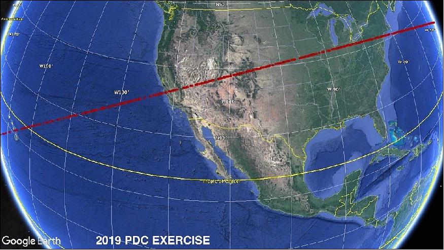 Figure 8: Estimated risk corridor for the impact of a hypothetical asteroid. The graphic is showing the hypothetical impact risk corridor of asteroid 2019 PDC (Planetary Defense Conference), when its orbit is still not fully known (image credit: 2019 PDC Exercise)