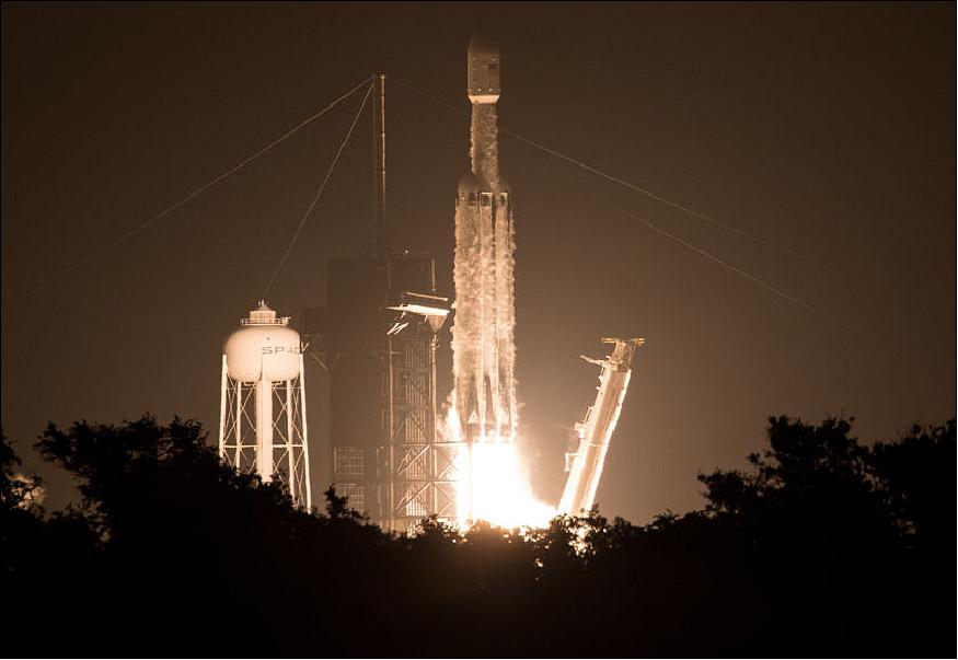 Figure 3: SpaceX's Falcon Heavy rocket, carrying PSAT-2 and 23 other spacecraft for the U.S. Air Force's STP-2 mission, lifts off from Kennedy Space Center on 25 June 2019 at 06:30 UTC (image credit: NASA)