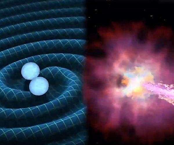 Figure 21: Illustration. Left: Merger of two neutron stars (or a black hole and a neutron star) to produce gravitational waves; Right: Gamma-ray burst (image credit: Key Laboratory of Particle Astrophysics, Institute of High Energy Physics, CAS)