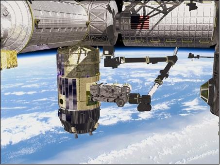 Figure 2: Artist's view of the unloading of the Exposed Pallet from the HTV (image credit: JAXA)