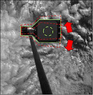 Figure 25: Target deployed at the end of the boom, in green the nominal position and in red the positions at the extreme of the scallions whose direction is indicated by thee red arrows (image credit: RemoveDebris Team)