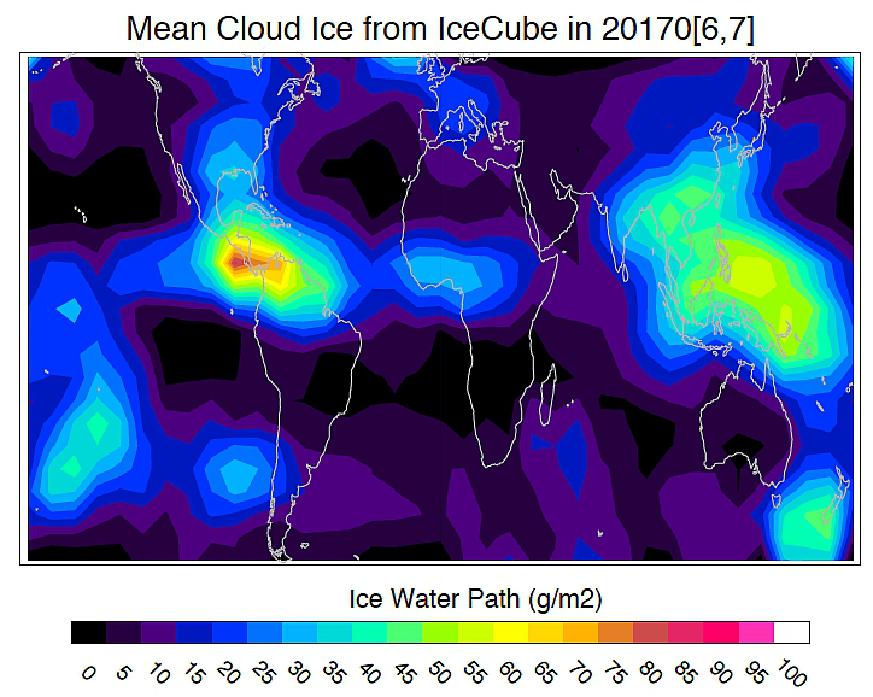 Figure 19: IceCube Cloud ice map acquired from measurements during June 6-July 19, 2017. The ice water path, in g/m2, is the integrated cloud ice mass above ~8 km in the troposphere (image credit: NASA)