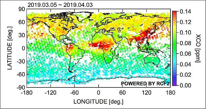 Figure 5: Global distribution of carbon monoxide column-averaged dry-air mole fraction (XCO) retrieved by the proxy method from the FTS-2 data acquired from March 5 to April 3, 2019 (image credit: NIES)