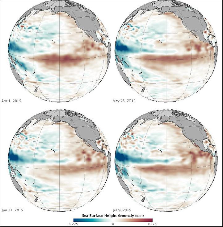 Figure 11: El Niño conditions in the Pacific Ocean acquired by the Jason-2/OSTM-2 mission from April to July 2015 (image credit: NASA, Jesse Allen)