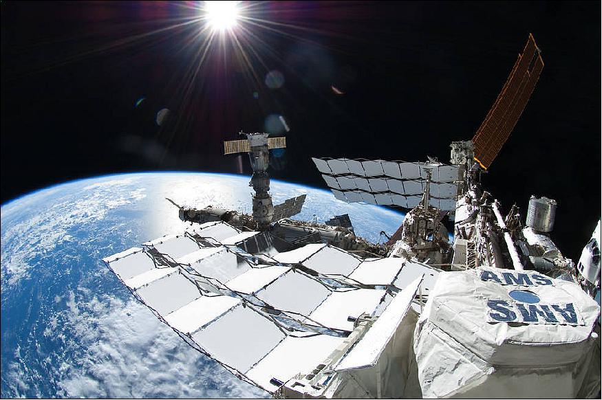 Figure 7: This picture, taken by NASA astronaut Ron Garan during a spacewalk on July 12, 2011, shows the International Space Station with space shuttle Atlantis docked at the edge of the frame on the far right and a Russian Soyuz spacecraft docked to Pirs, below the sun. In the foreground is the Alpha Magnetic Spectrometer (AMS) experiment installed during the STS-134 mission. AMS is a state-of-the-art particle physics detector designed to use the unique environment of space to advance knowledge of the universe and lead to the understanding of the universe's origin by searching for antimatter and dark matter, and measuring cosmic rays (image credit: NASA/Ron Garan)
