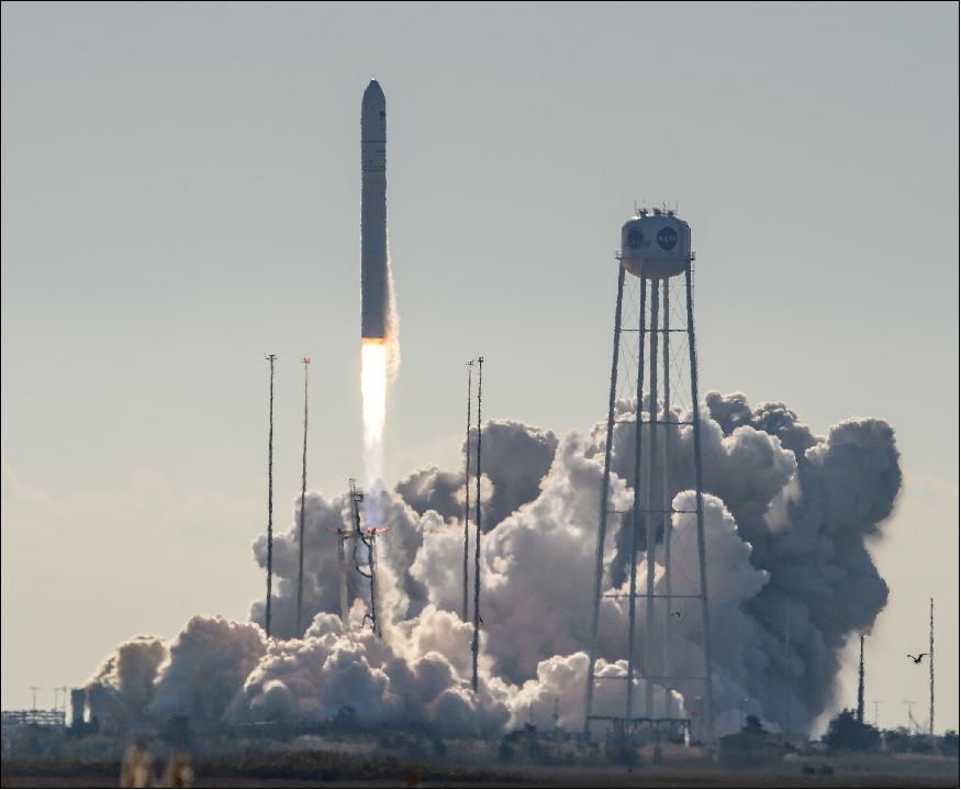Figure 1: A Northrop Grumman Antares rocket, with Cygnus resupply spacecraft onboard, launches from Pad-0A of NASA's Wallops Flight Facility in Virginia on 2 November 2019 (image credit: NASA/Bill Ingalls)