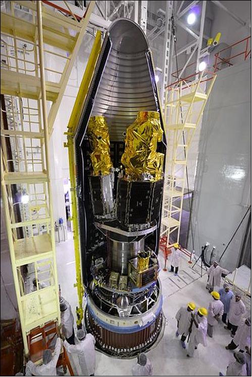 Figure 10: Photo of the DMC-3 satellites along with the secondary payloads inside the PSLV shell at ISRO (image credit: ISRO, SSTL)