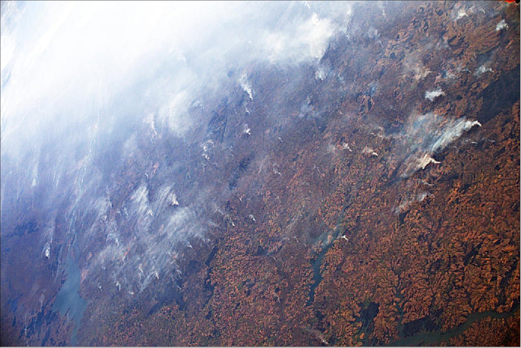 Figure 59: The Amazon rainforest is burning. ESA astronaut Luca Parmitano took this image, among a series, from his vantage point 400 km above Earth on 24 August 2019. He tweeted the images, captioning them: “The smoke, visible for thousands of kilometers, of tens of human-caused fires in the Amazon forest.”(image credit: ESA/NASA–L. Parmitano)