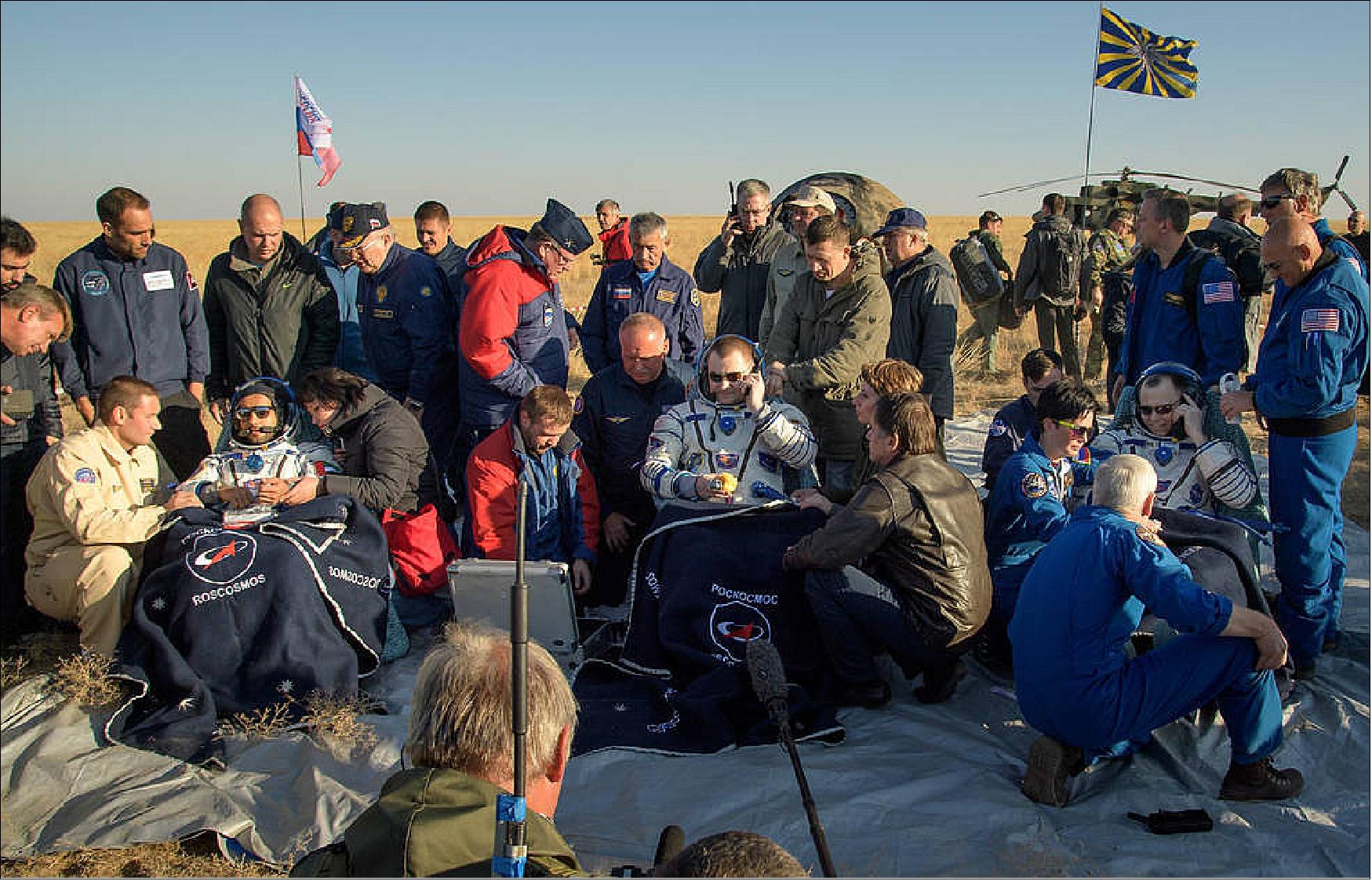Figure 42: NASA astronaut Nick Hague, Russian cosmonaut Alexey Ovchinin and visiting astronaut from United Arab Emirates (UAE) Hazzaa Ali Almansoori returned to Earth from the International Space Station at 6:59 am in Kazakhstan (image credit: NASA)