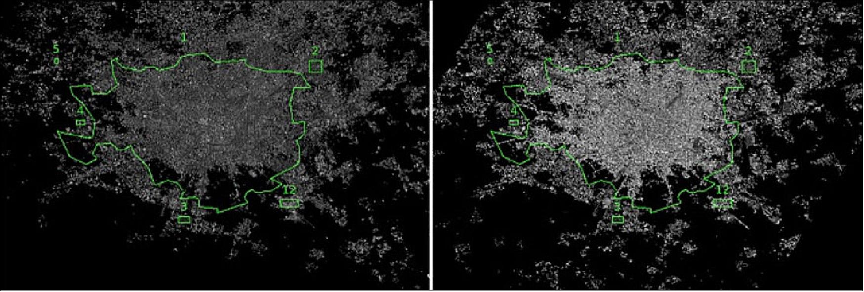 Figure 114: Milan, before and after: The Italian city of Milan replaced its orange sodium lamps with white led lamps in 2015. These nighttime images from the International Space Station show the city before and after the conversion (image credit: ESA/NASA/A. Sánchez de Miguel et al. 2019)