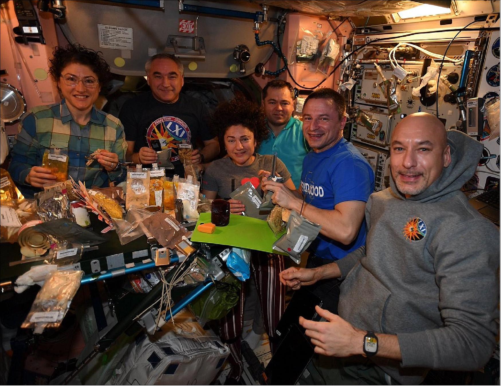 Figure 12: The crew shared a special Thanksgiving meal aboard the space station, a break from what can be a repetitive, limited menu (left to right, Christina Koch, Alexander Skvortsov, Jessica Meir, Oleg Skripochka, Andrew Morgan, Luca Parmitano). The ongoing Food Acceptability investigation examines changes in the appeal of food that can occur during long-duration missions (image credit: NASA)