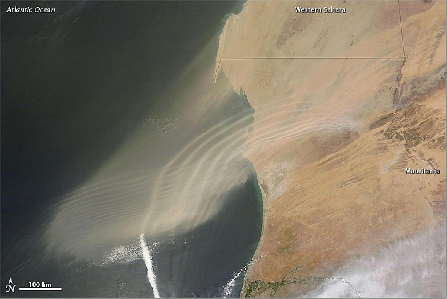 Figure 118: Waves of dust dance off the African Coast - this MODIS natural color image was taken on Sept. 23,2011 (image credit: NASA)