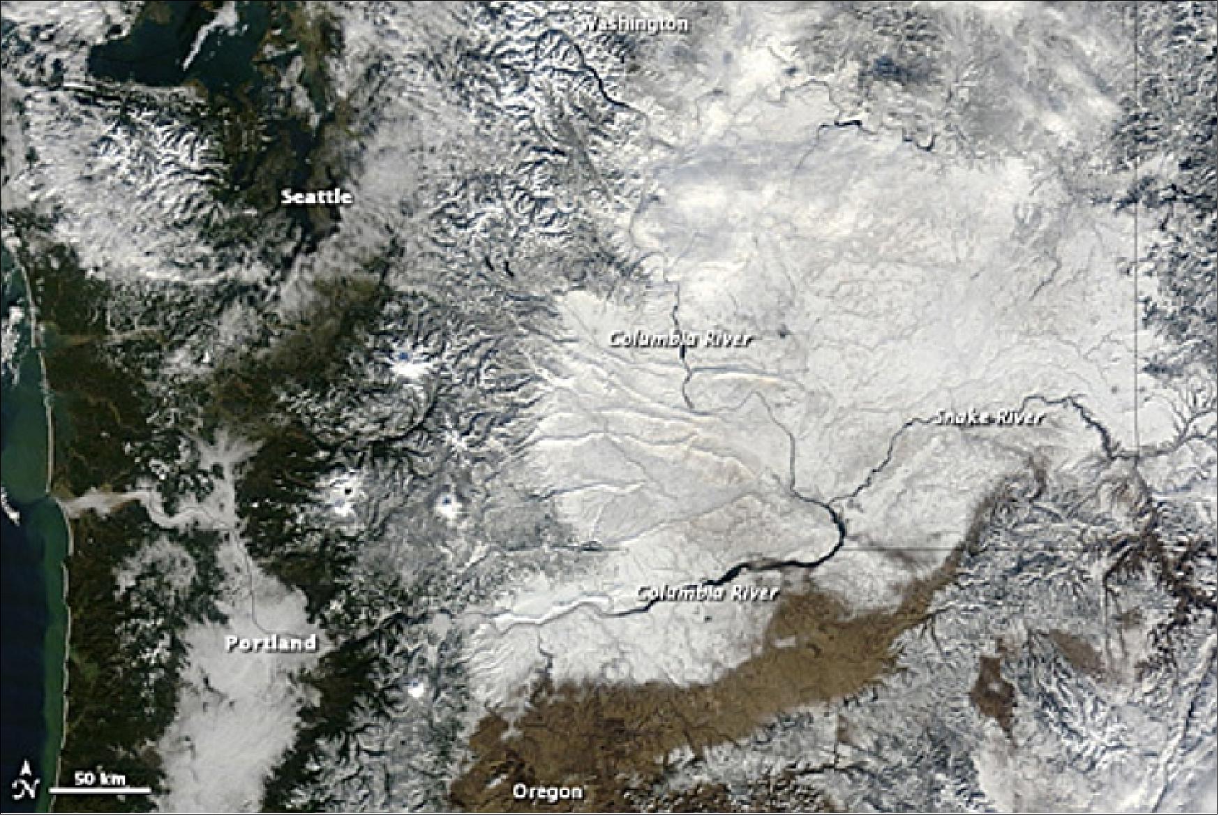 Figure 117: Natural color image of MODIS acquired on January 23, 2012 showing a winter storn in the Pacific Northwest (image credit: NASA)
