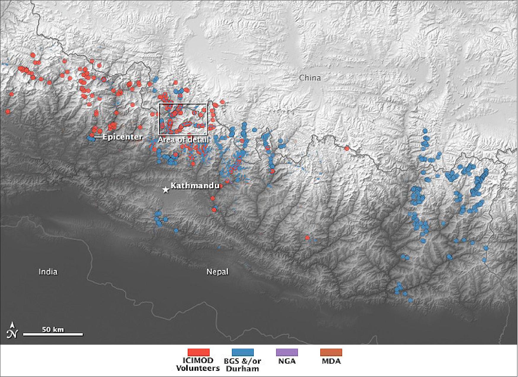 Figure 101: Map of the Nepal Gorkha earthquake locations of landslide events and hazards acquired by instruments on various spacecraft (image credit: NASA Earth Observatory, Jesse Allen)