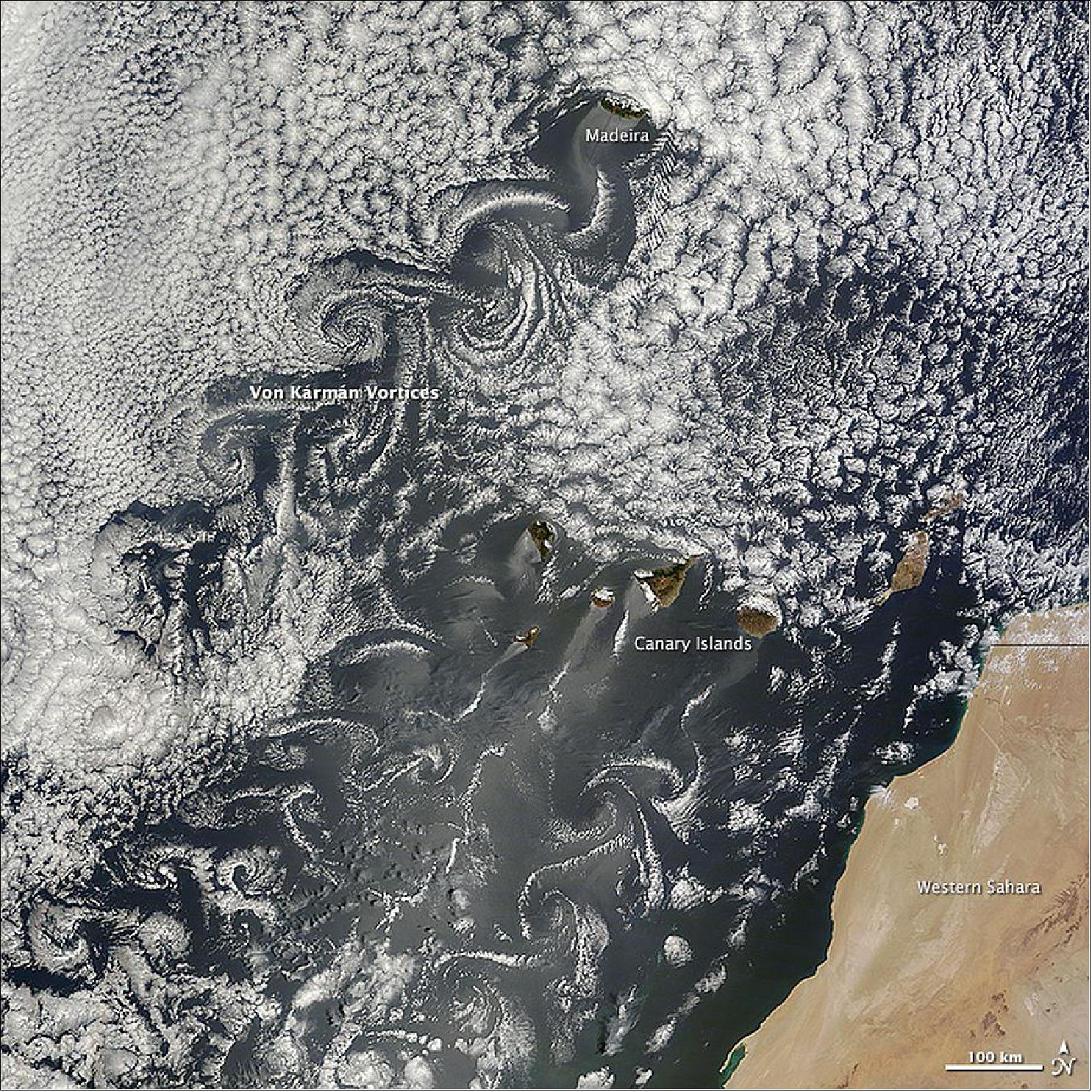 Figure 99: Von Kármán vortices over the northwest coast of Africa, acquired on May 20, 2015 with MODIS on Terra (image credit: NASA Earth Observatory, Jeff Schmaltz)