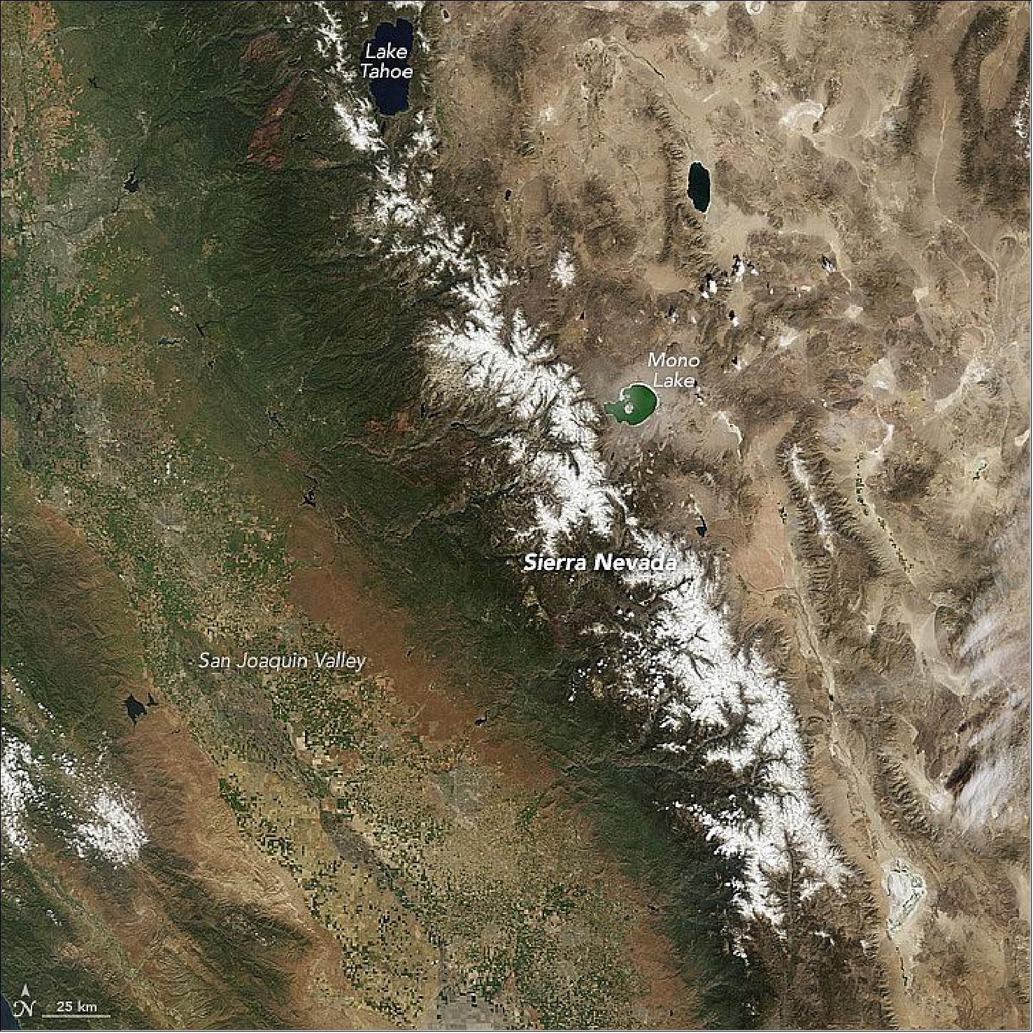 Figure 98: The snowpack on the Sierra Nevada amid the dry year of 2015, acquired by the MODIS instrument on Terra on March 31, 2015 (image credit: NASA, Earth Observatory, jesse Allen)