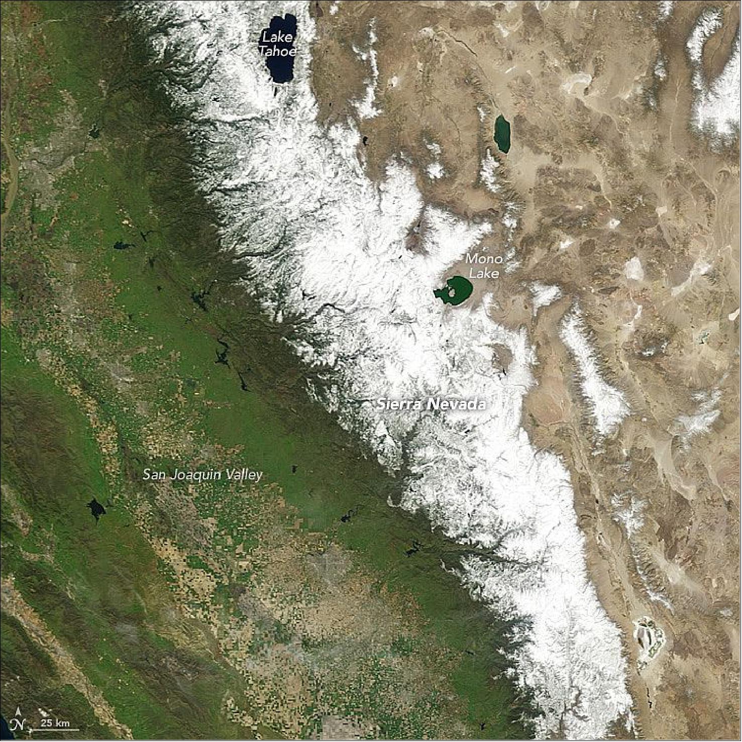 Figure 97: The snowpack on the Sierra Nevada amid the wet year of 2011, acquired by the MODIS instrument on Terra on March 31, 2011 (image credit: NASA, Earth Observatory, Jesse Allen)