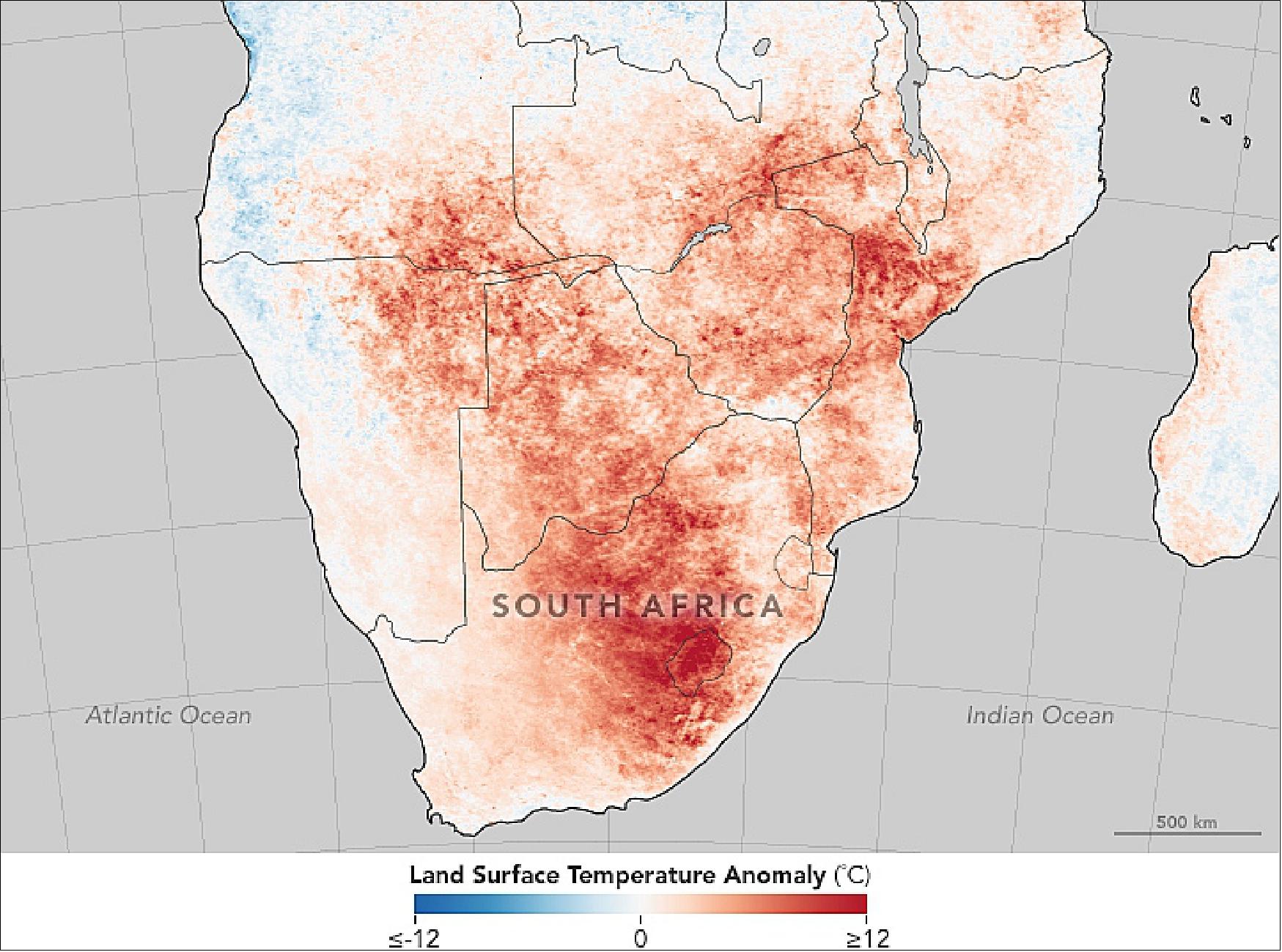Figure 94: This temperature anomaly map is based on data from MODIS on Terra, it shows land surface temperatures in Dec. 2015 compared to the 2000–2015 average for that month. Red colors depict areas that were hotter than the average; blue colors were colder than average. White pixels were normal, and gray pixels did not have enough data (image credit: NASA Earth Observatory, Jesse Allen, Joshua Stevens)