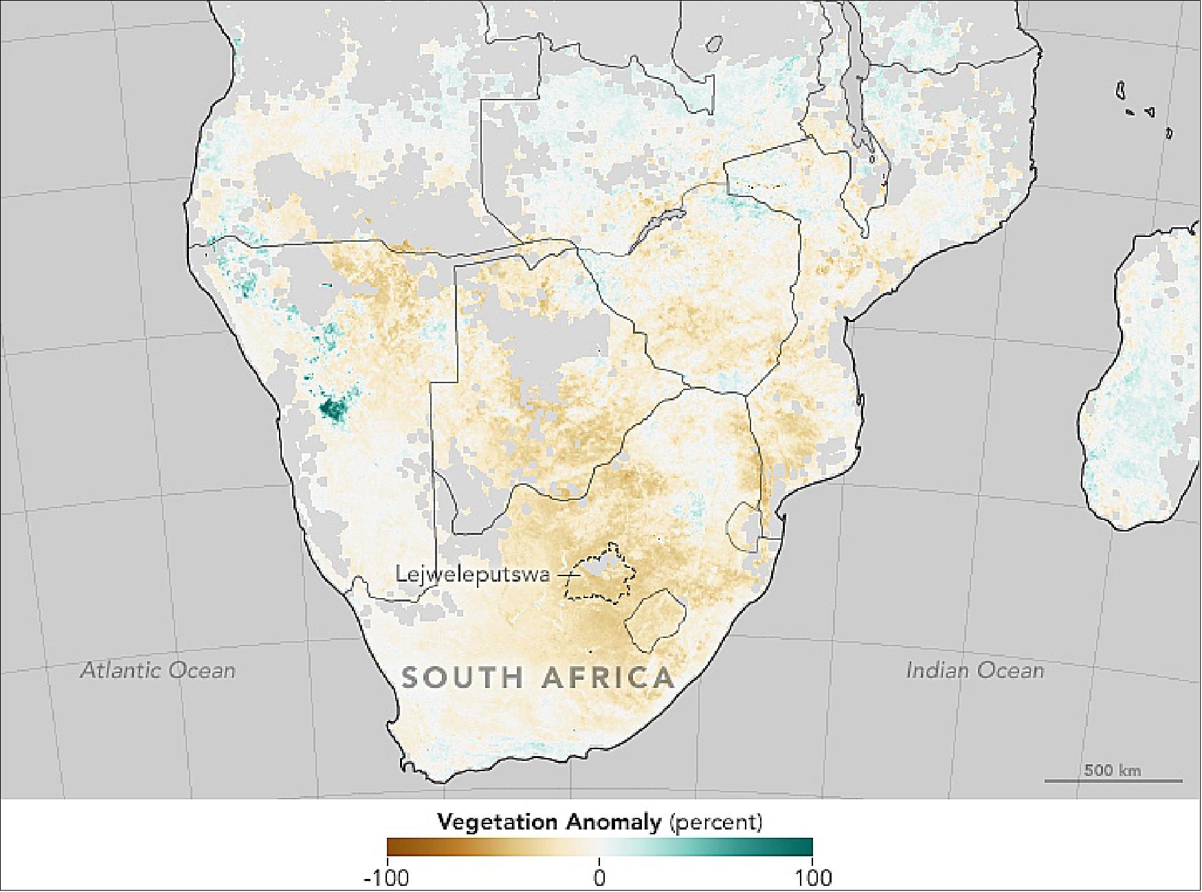 Figure 93: Drought in Southern Africa, acquired with MODIS on Terra in December 2015 (image credit: NASA Earth Observatory, Jesse Allen, Joshua Stevens)