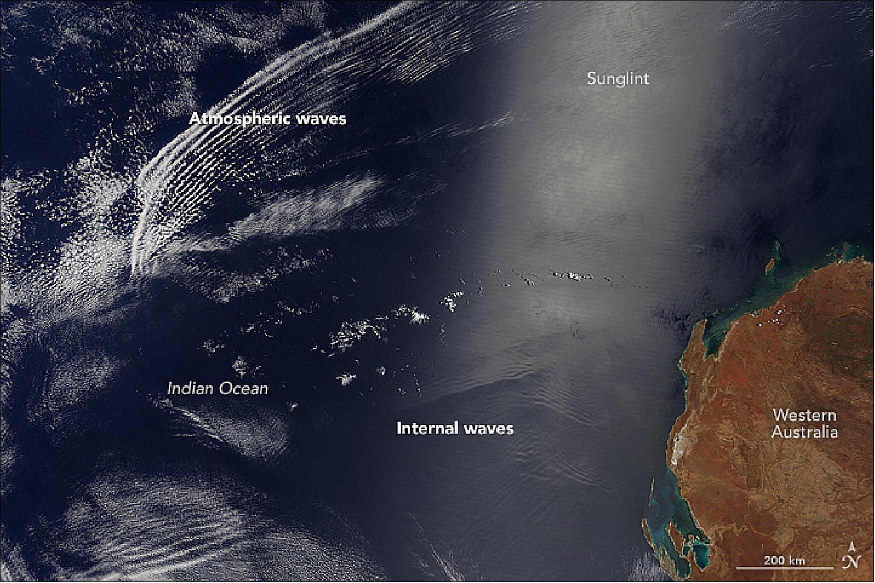 Figure 92: On Feb. 10, 2016 (3:05 UTC), the MODIS instrument on Terra acquired this natural-color image of wave patterns off the coast of Western Australia (image credit: NASA Earth Observatory, Jeff Schmalz)