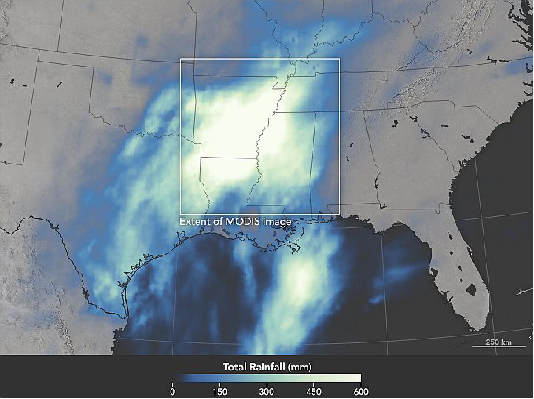 Figure 91: IMERG data image of the GPM mission showing the total rainfall and the extend of the rainfall region in the US (image credit: NASA Earth Observatory, Joshua Stevens)