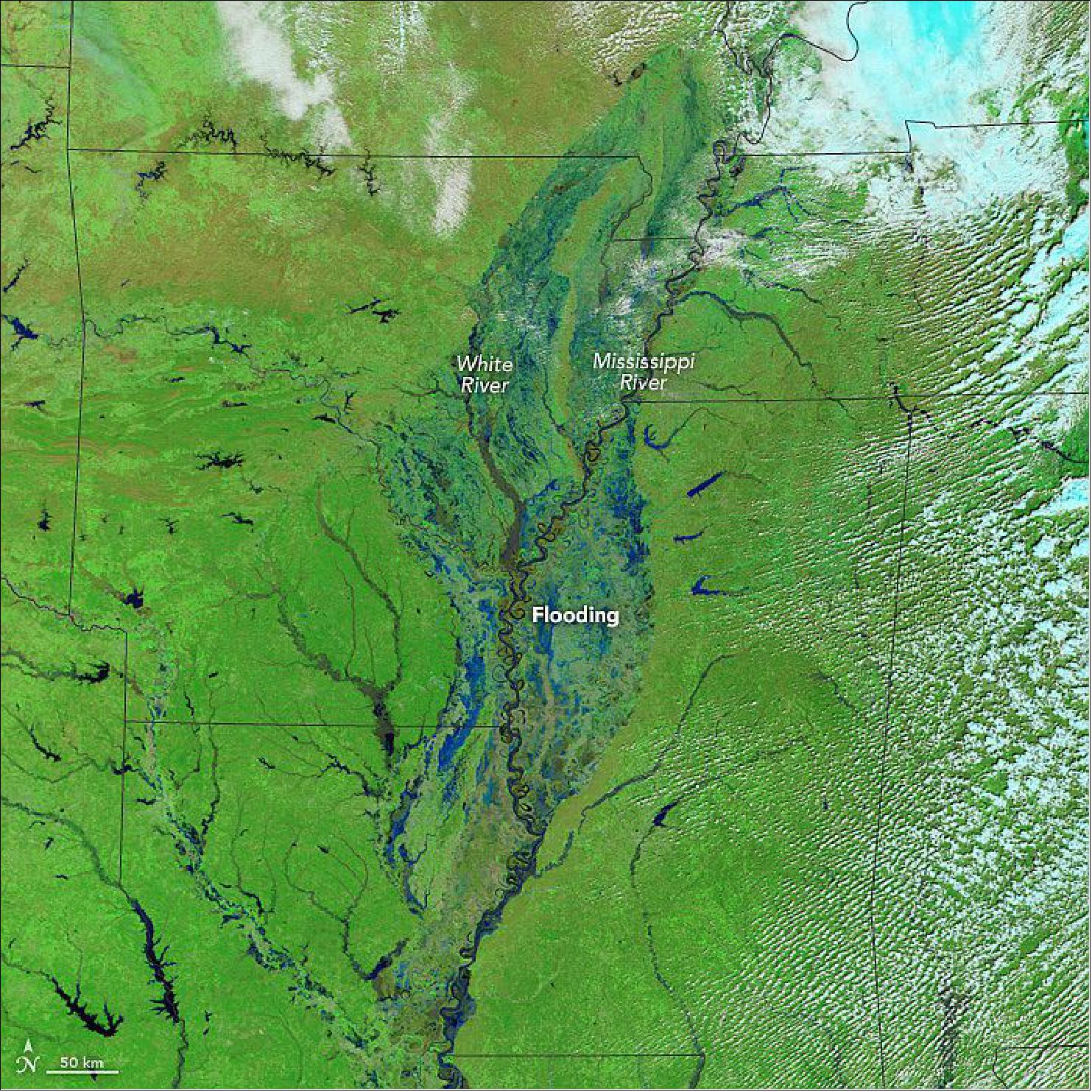 Figure 90: Extend of flooding observed by the MODIS instrument on Terra [image credit: NASA Earth Observatory, using data from LANCE (Land Atmosphere Near real-time Capability for EOS), Jesse Allen]