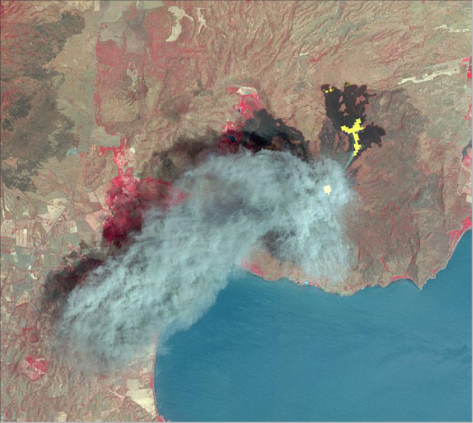 Figure 89: In Dec. 2015, one of Nicaragua's largest volcanoes, Momotombo, erupted for the first time since 1905. Continued activity at the end of February and into March 2016 produced large ash columns and pyroclastic (superheated ash-and-block) flows. On March 2, 2016, ASTER captured the volcano's eruptive activity during the day with its visible bands, and the previous night with its thermal infrared bands. The composite image shows a large blue-gray ash cloud covering the volcano's summit. The superimposed night data show the hot flows (in yellow) on the northeast flank, and the active summit crater in white. The data cover an area of 17 km x 18 km, located at 12.7º north, 86.6º west. 65)