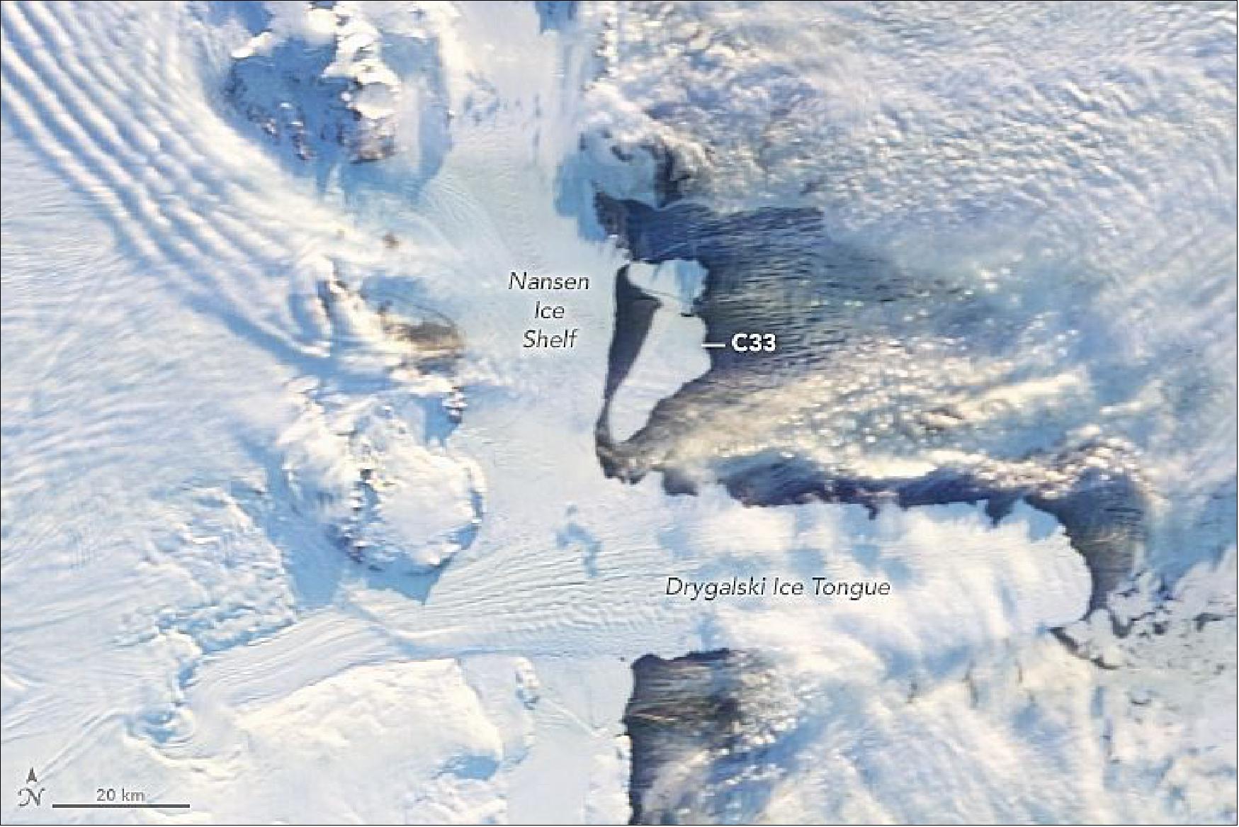 Figure 88: On April 7, 2016, in the last days before winter darkness, MODIS on Terra acquired this image as the bergs broke away. (image credit: NASA Earth Observatory,, image by Jesse Allen)