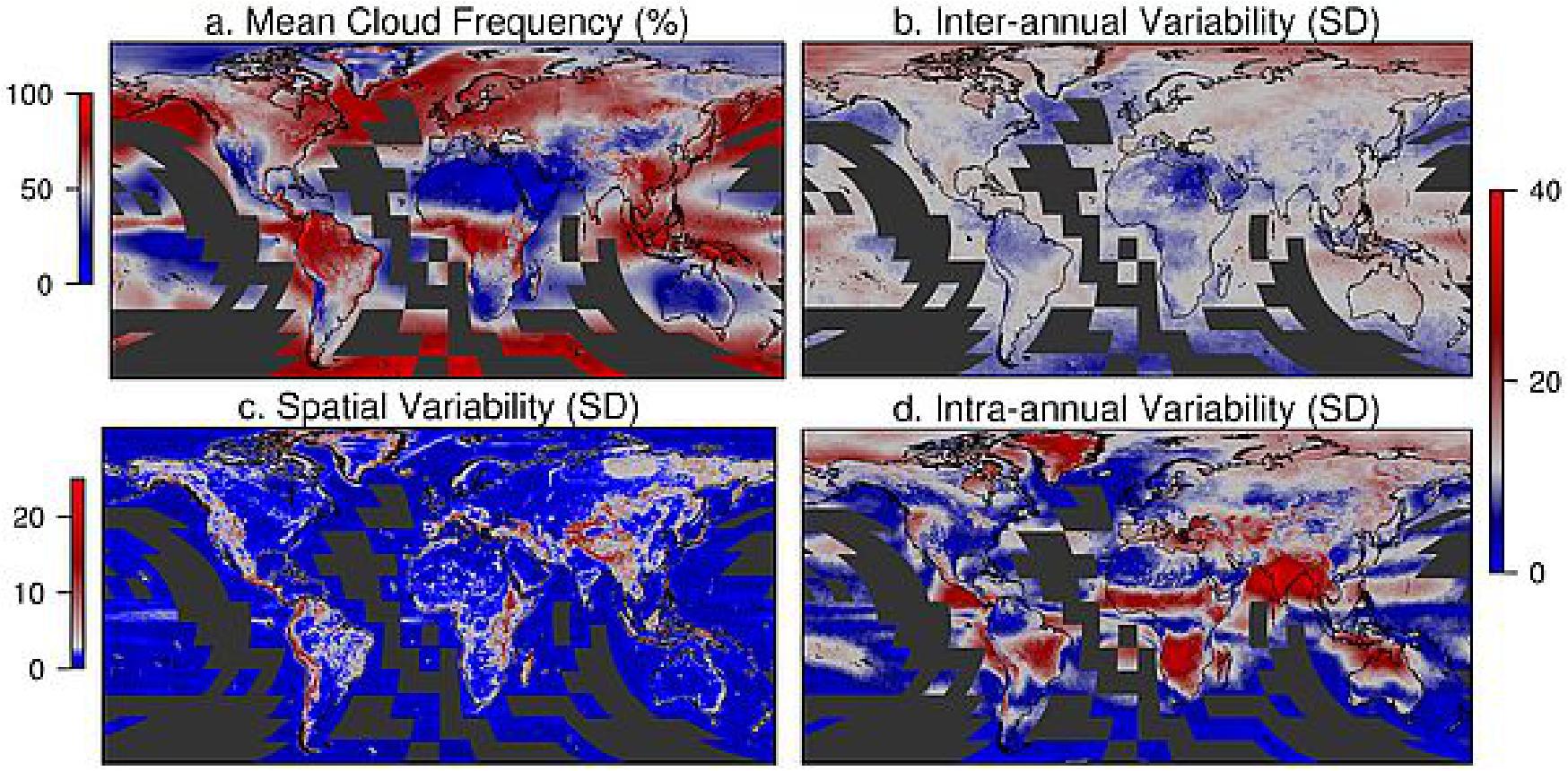 Figure 86: Global 1 km cloud metrics. A) Mean annual cloud frequency (%) over 2000–2014. B) Inter-annual variability in cloud frequency (mean of 12 monthly standard deviations). C) Spatial variability (standard deviation of mean annual cloud frequency within a one-degree, ~110 km, circular moving window). D) Intra-annual variability in cloud frequency (standard deviation of 12 monthly mean cloud frequencies). Grey indicates the (A) median global cloud frequency (51%) and (B,D) median inter-annual variability (11%), blues indicate areas with below-median values, and reds indicate areas with higher-than-median values. Data are available only for MODIS land tiles, resulting in missing data in black tiles over oceans (image credit: A. M. Wilson, W. Jetz)