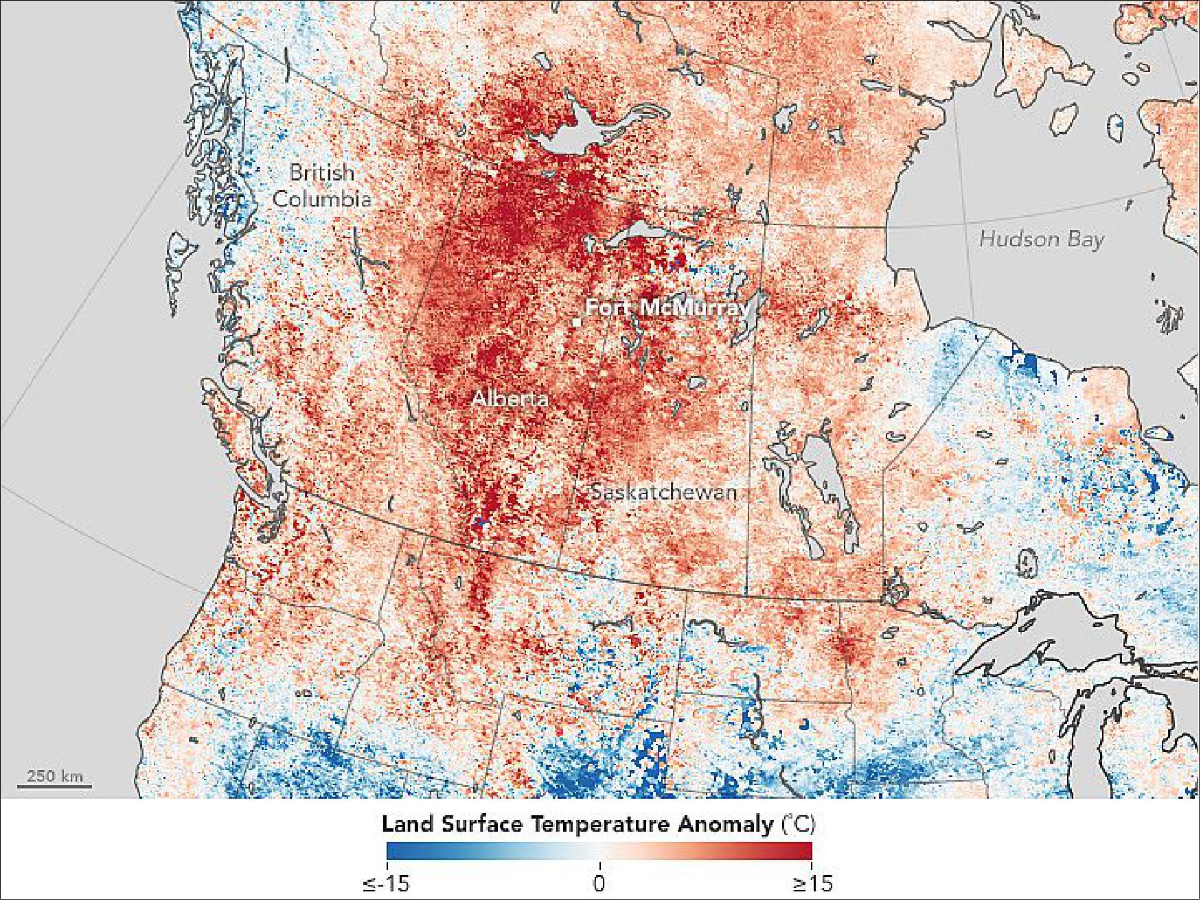 Figure 83: The temperature anomaly map is based on data from the MODIS instrument on the Terra satellite. The map shows the LST (Land Surface Temperature) from April 26 to May 3, 2016, compared to the 2000–2010 average for the same one-week period. Red areas were hotter than the long-term average; blue areas were below average. White pixels had normal temperatures, and gray pixels did not have enough data, most likely due to cloud cover (image credit: NASA Earth Observatory, image by Jesse Allen)