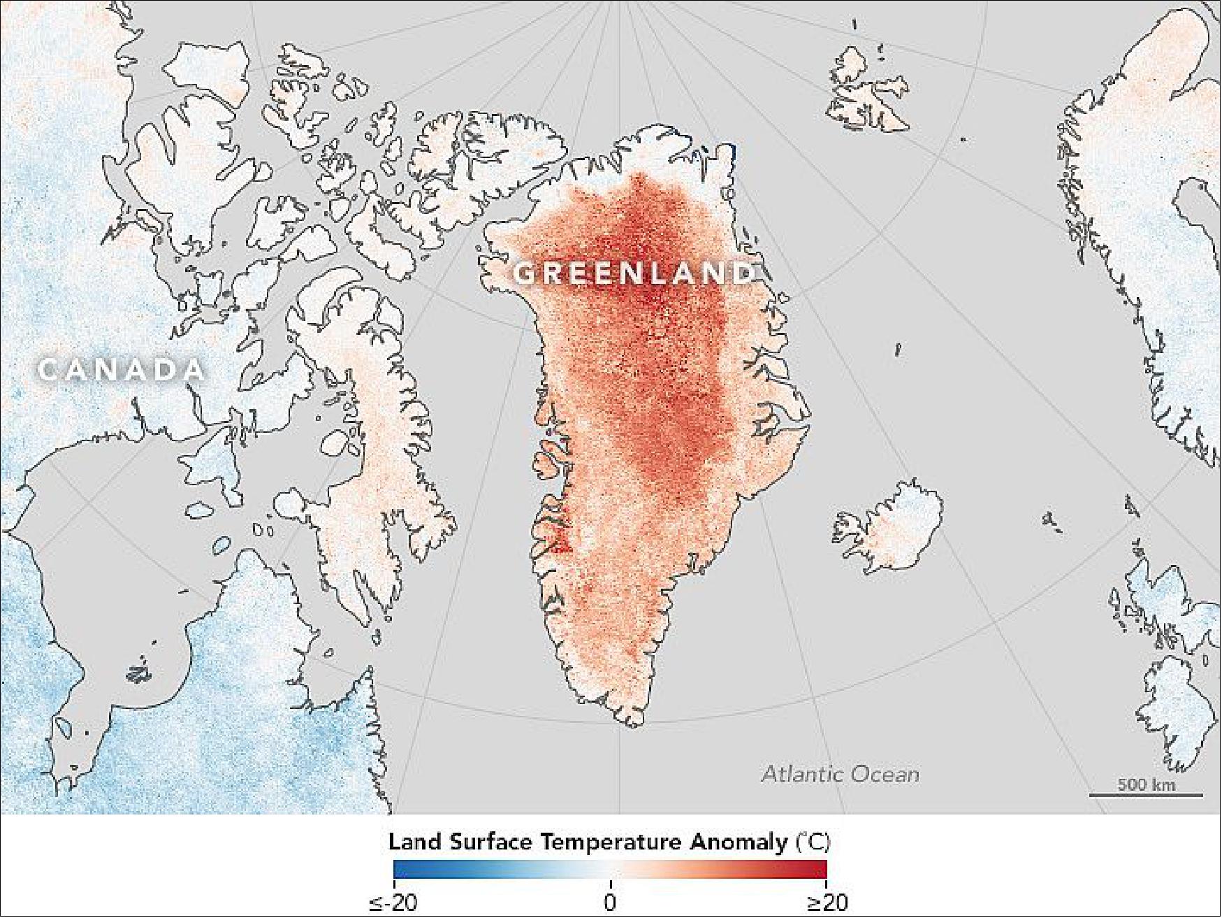 Figure 82: The MODIS map of Terra shows land surface temperatures for April 2016 compared to the 2001–2010 average for the same month. Red areas were hotter than the long-term average; some areas were as much as 20º Celsius warmer. Blue areas were below average, and white pixels had normal temperatures. Gray pixels were areas without enough data, most likely due to excessive cloud cover (image credit: NASA Earth Observatory, image by Jesse Allen)
